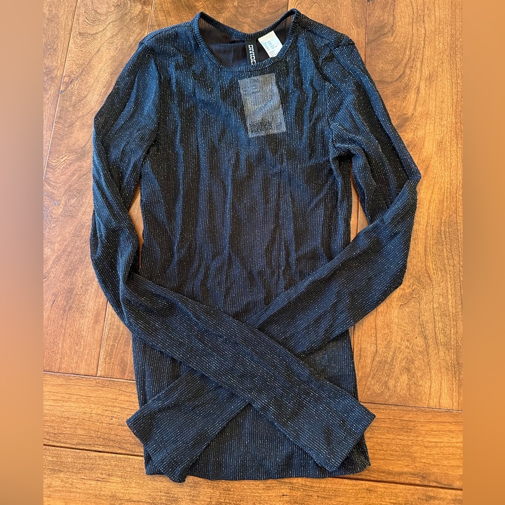 H&M Divided Sheer Black Metallic Top, Size XXS, New With Tags